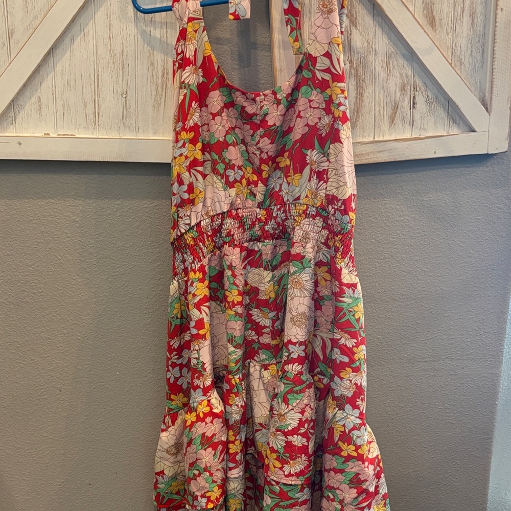 Pretty garden Floral Red Sleeveless Dress halter fun summer colors ptp 19 - Picture 2 of 5